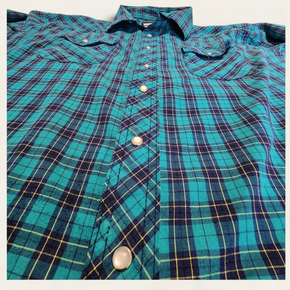 Wrangler‎ Men's Pearl Snap Plaid Western Shirt | 19x36 Tall | Teal, Blue, Yellow - Picture 2 of 6